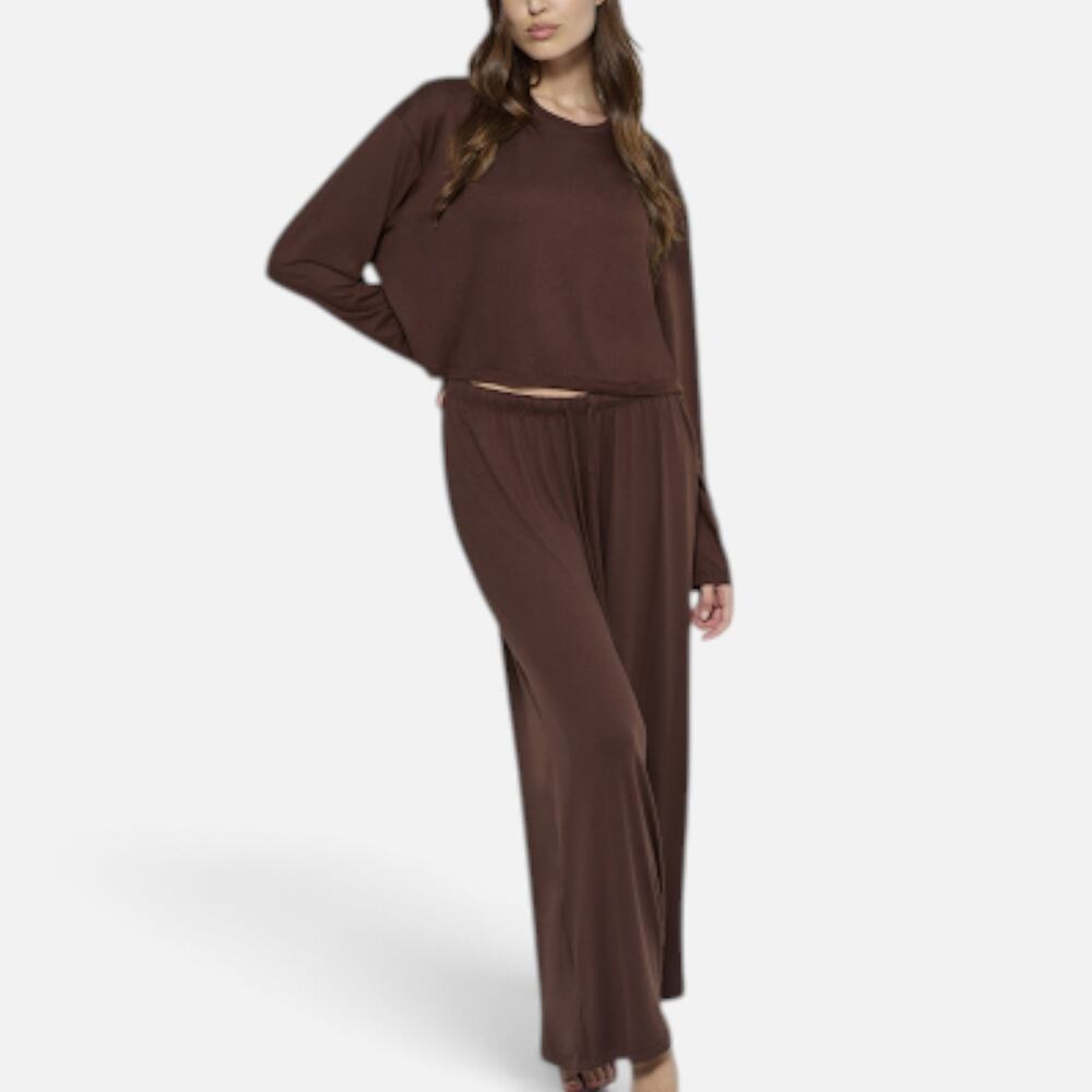 BUMPSUIT Cloud Maternity Lounge Set Crop Tee Wide Leg Pants Brown Sz Large NWT